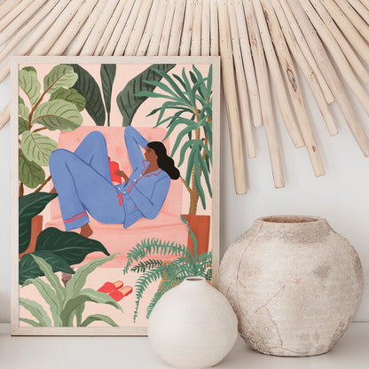 Illustration of a woman reading a book on a pink sofa surrounded by houseplants in a cozy room