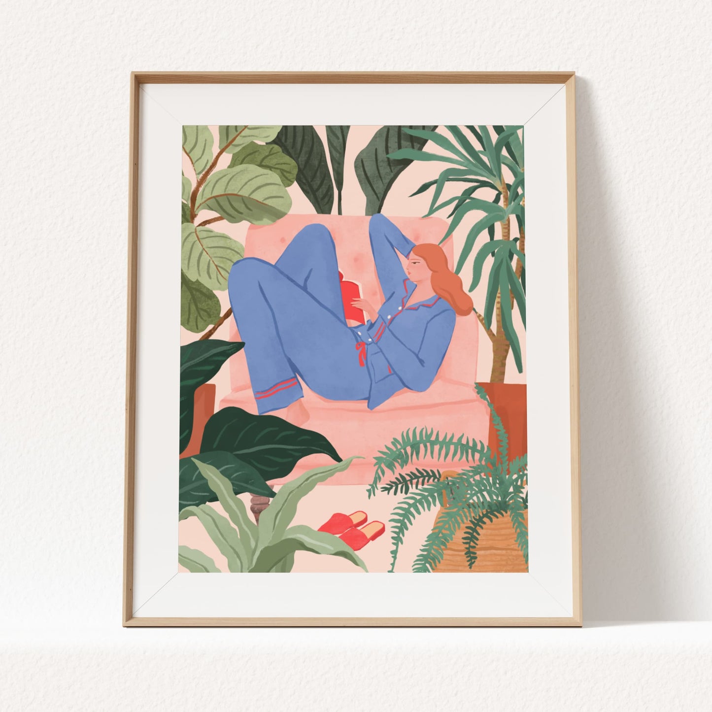 Illustration of a woman reading a book on a pink sofa surrounded by houseplants in a cozy room