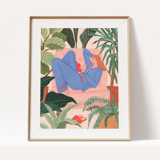 Illustration of a woman reading a book on a pink sofa surrounded by houseplants in a cozy room
