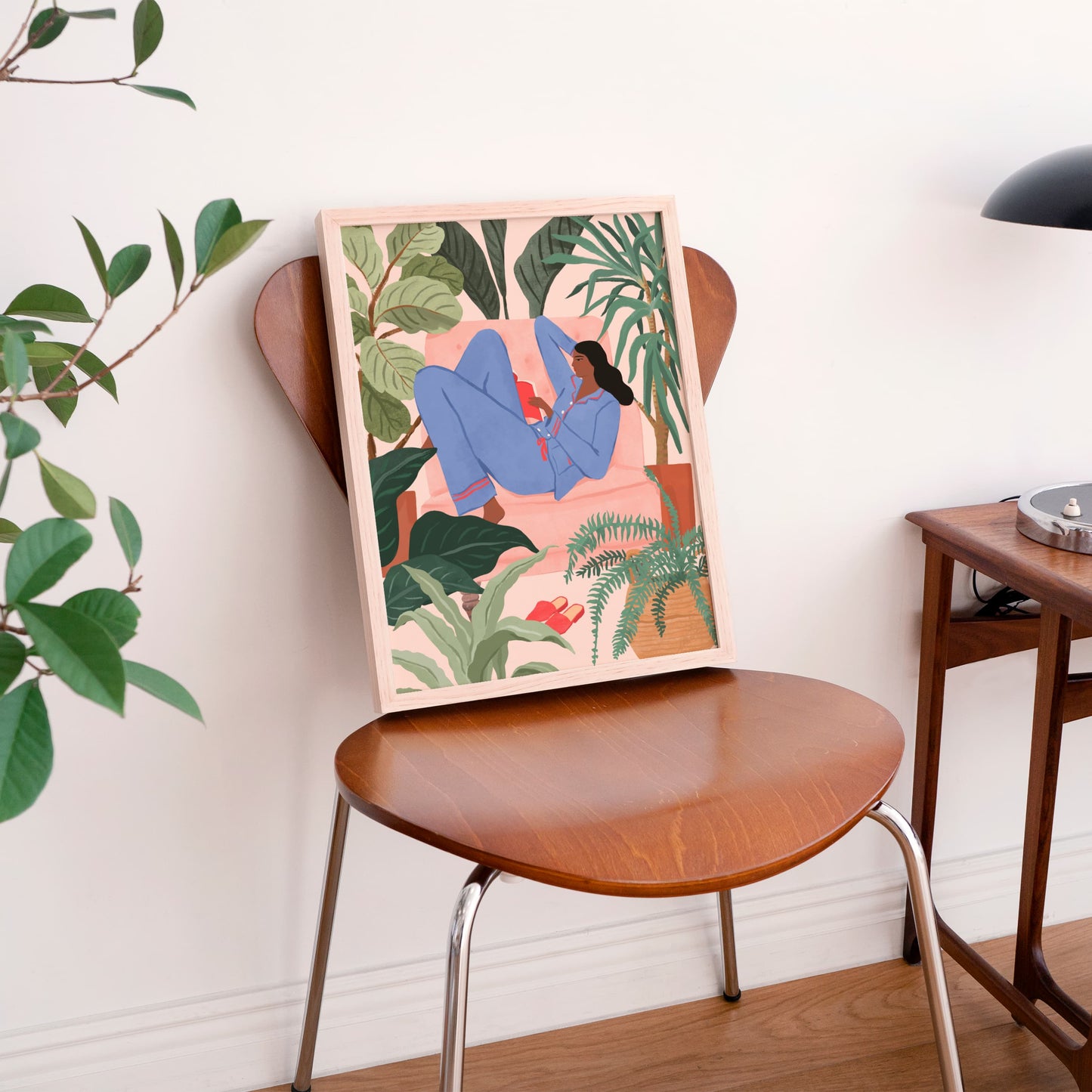 Illustration of a woman reading a book on a pink sofa surrounded by houseplants in a cozy room
