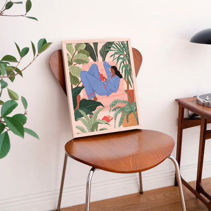 Illustration of a woman reading a book on a pink sofa surrounded by houseplants in a cozy room