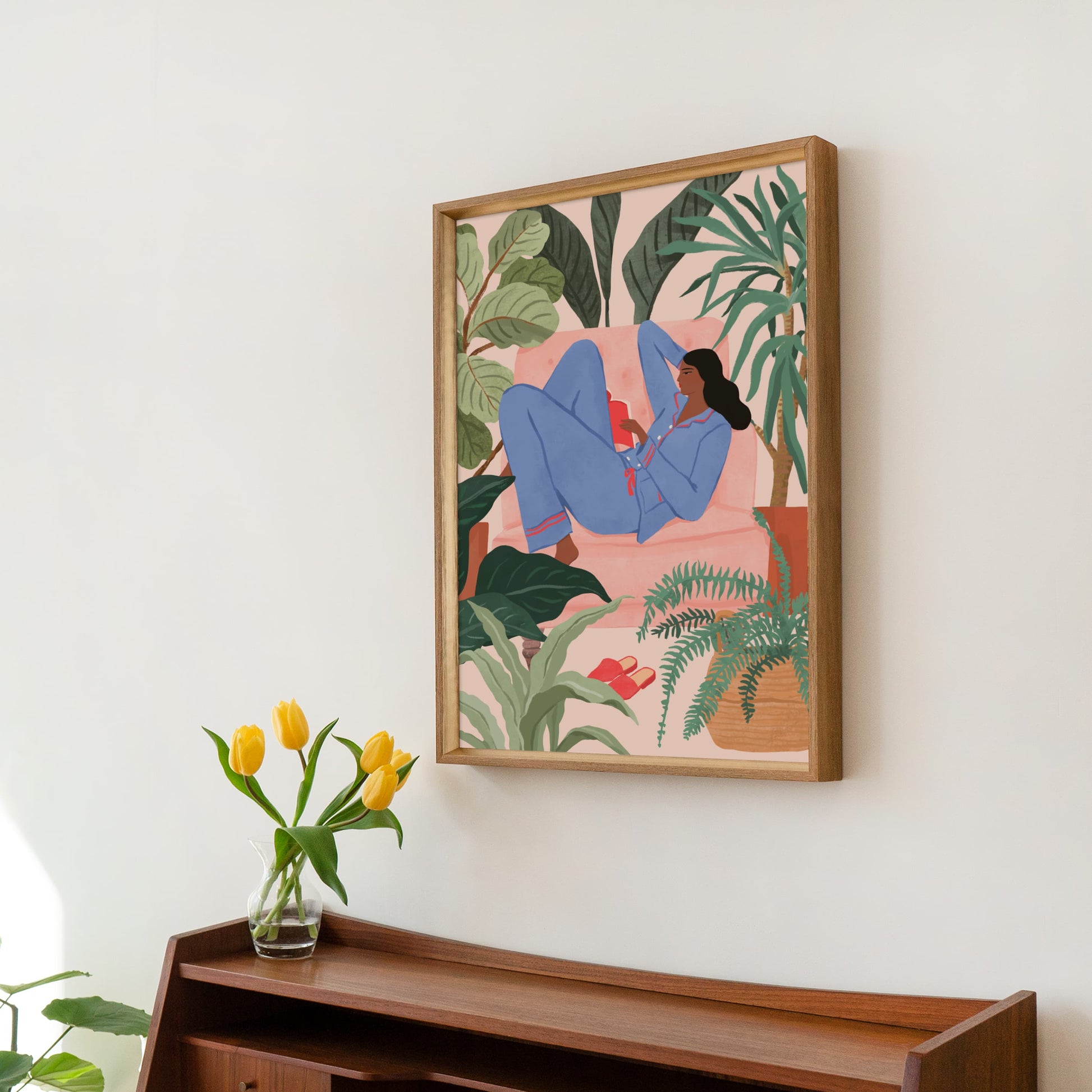 Illustration of a woman reading a book on a pink sofa surrounded by houseplants in a cozy room