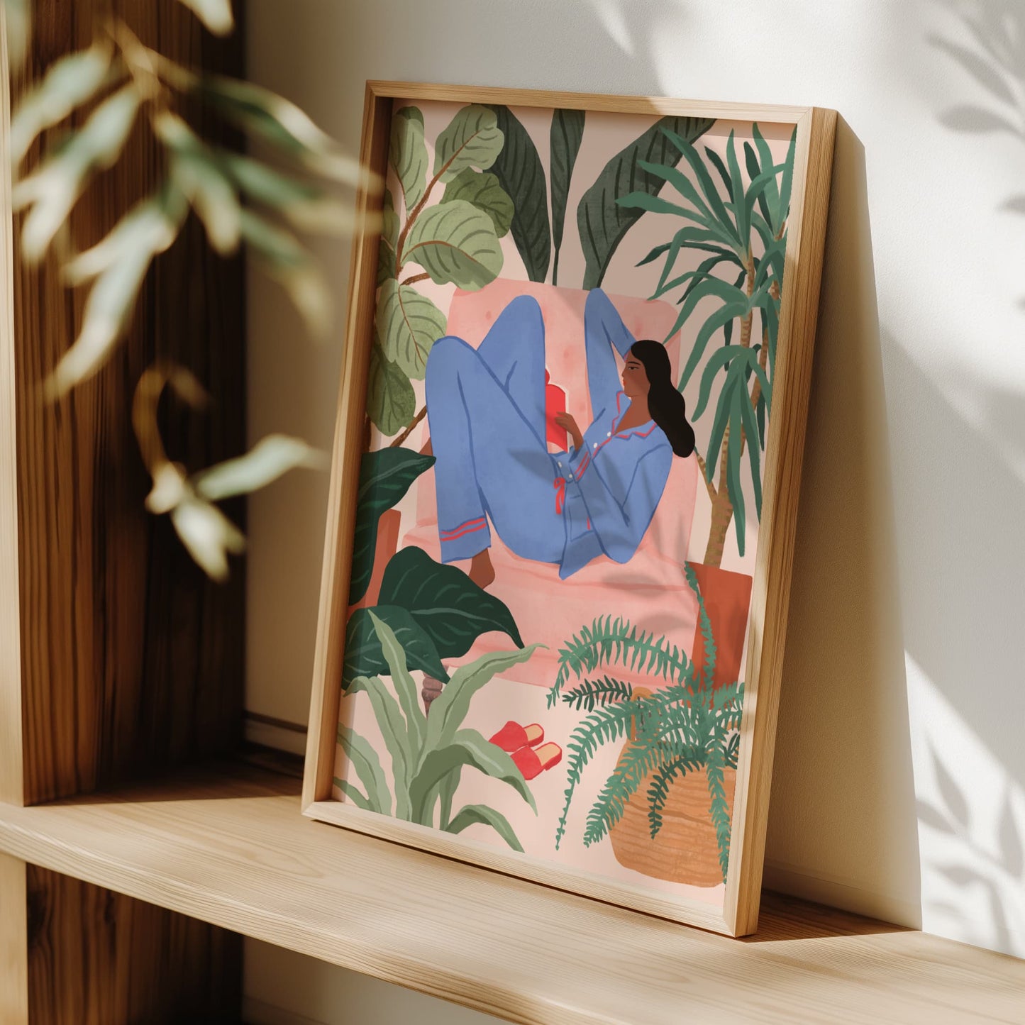 Illustration of a woman reading a book on a pink sofa surrounded by houseplants in a cozy room