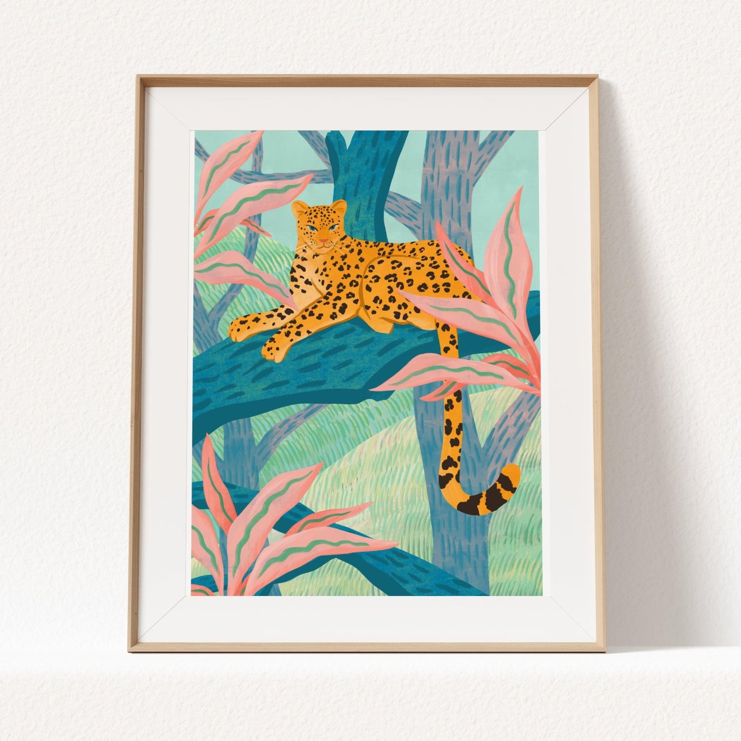 Illustration of a playful leopard sitting on a tree branch with crayon-like textures and vibrant colors – fun and lively animal art print for modern home decor