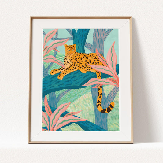 Illustration of a playful leopard sitting on a tree branch with crayon-like textures and vibrant colors – fun and lively animal art print for modern home decor