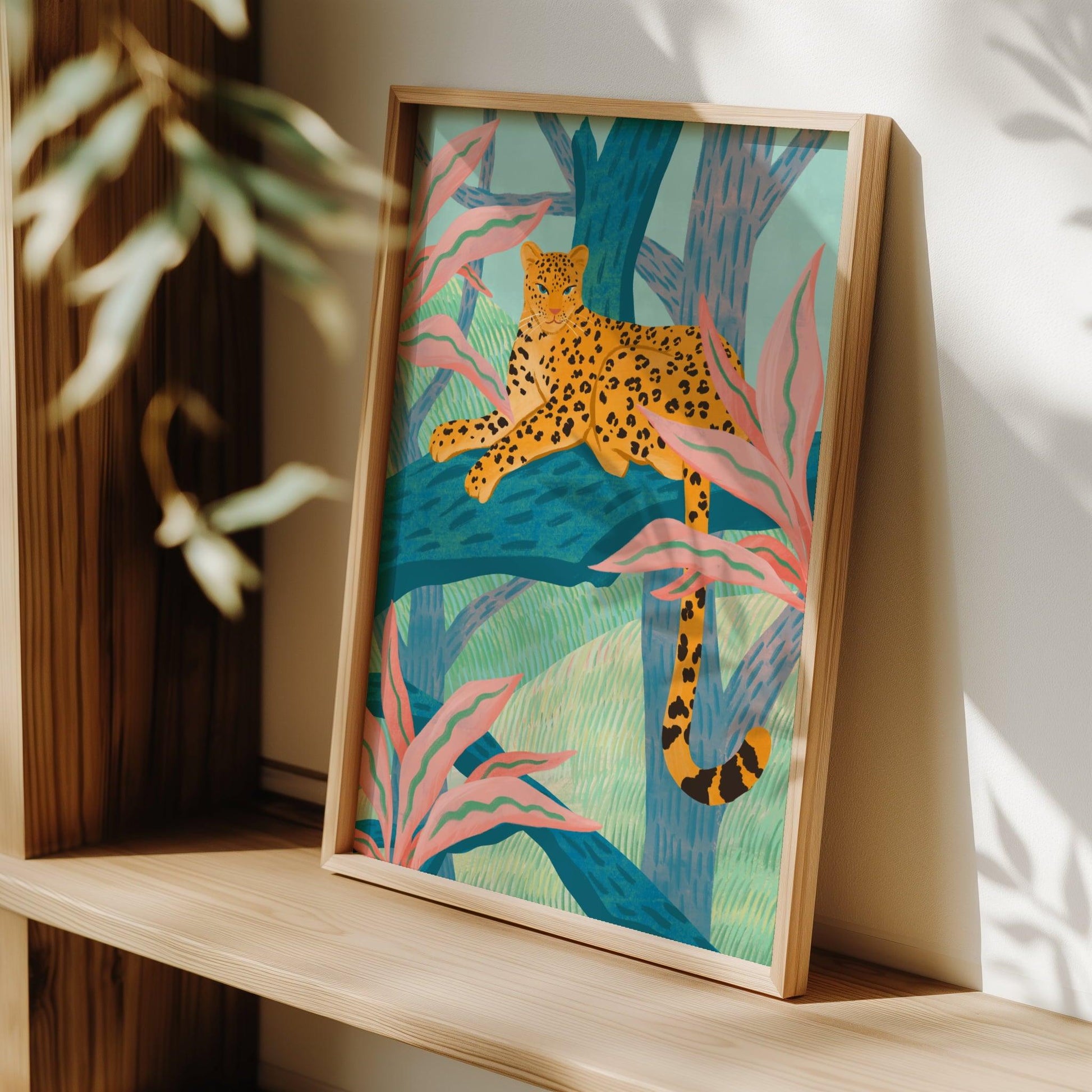 Illustration of a playful leopard sitting on a tree branch with crayon-like textures and vibrant colors – fun and lively animal art print for modern home decor