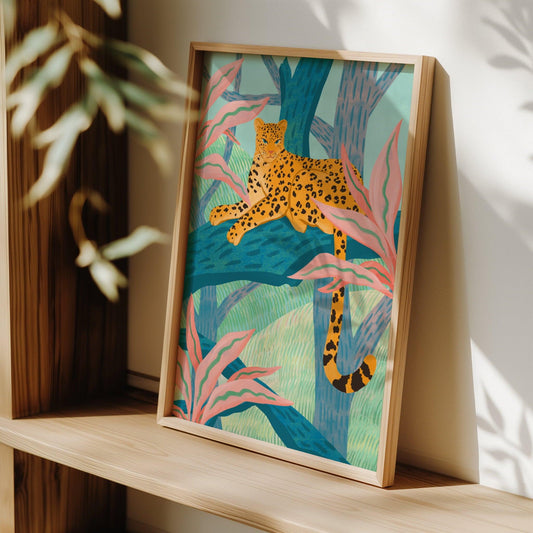 Illustration of a playful leopard sitting on a tree branch with crayon-like textures and vibrant colors – fun and lively animal art print for modern home decor