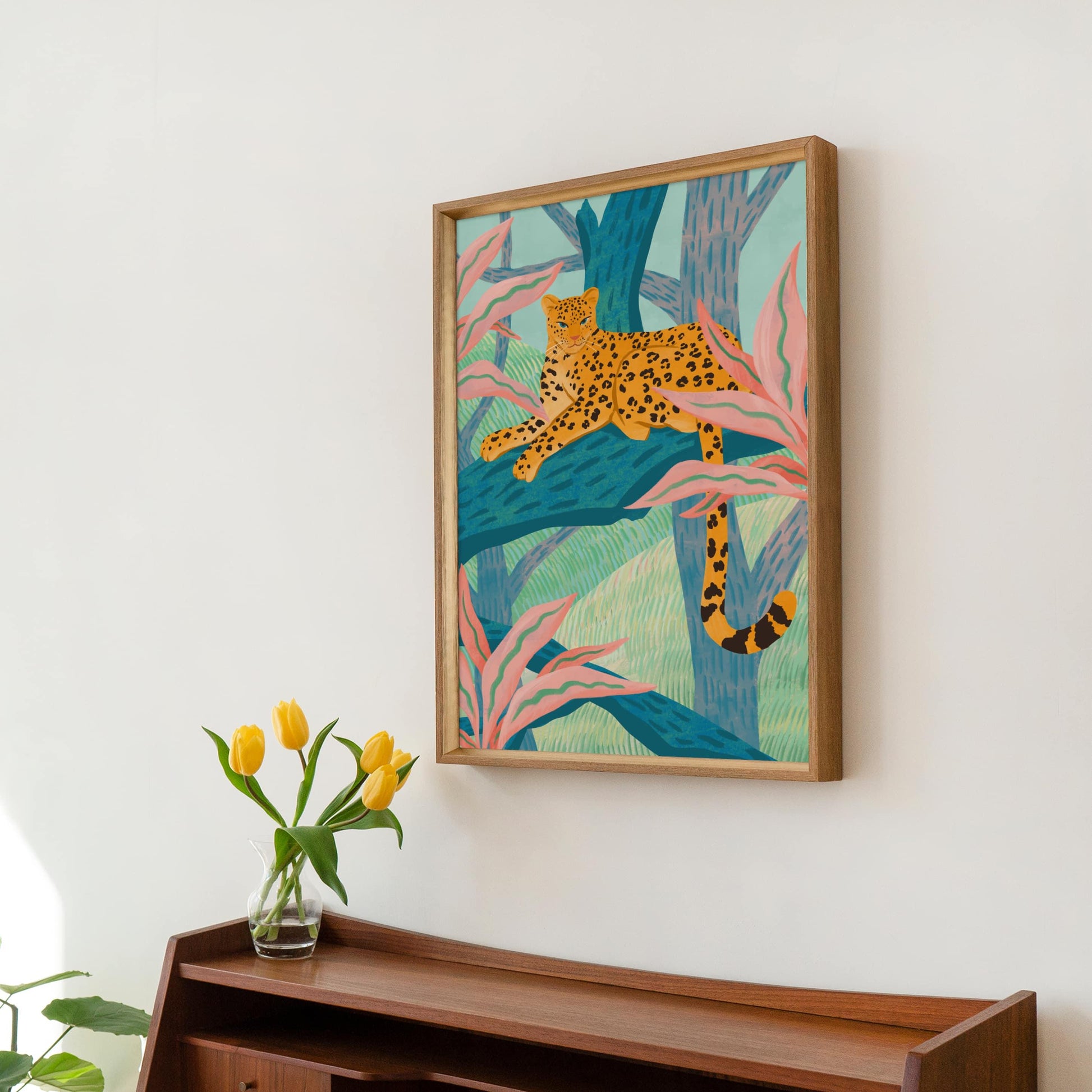 Illustration of a playful leopard sitting on a tree branch with crayon-like textures and vibrant colors – fun and lively animal art print for modern home decor