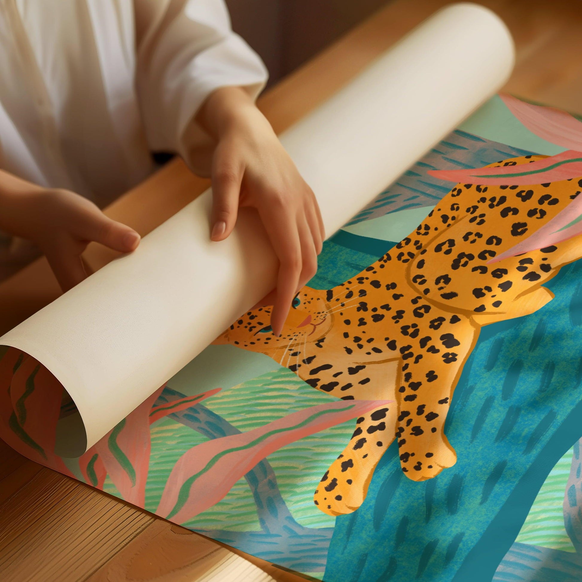 Illustration of a playful leopard sitting on a tree branch with crayon-like textures and vibrant colors – fun and lively animal art print for modern home decor