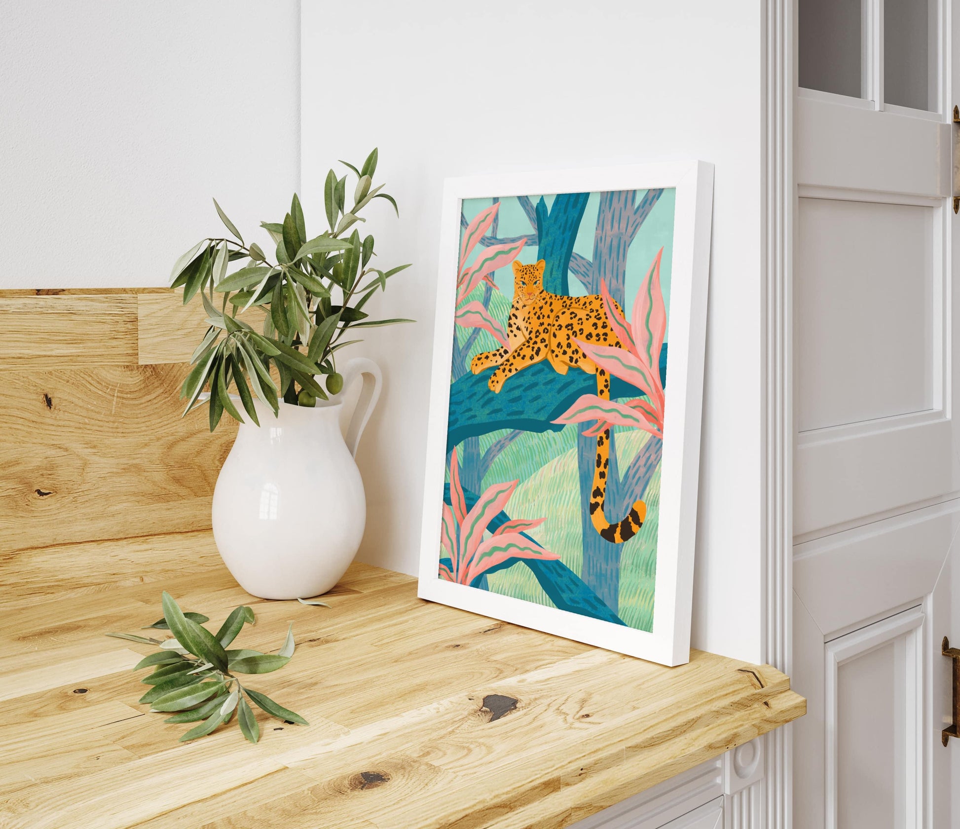 Illustration of a playful leopard sitting on a tree branch with crayon-like textures and vibrant colors – fun and lively animal art print for modern home decor