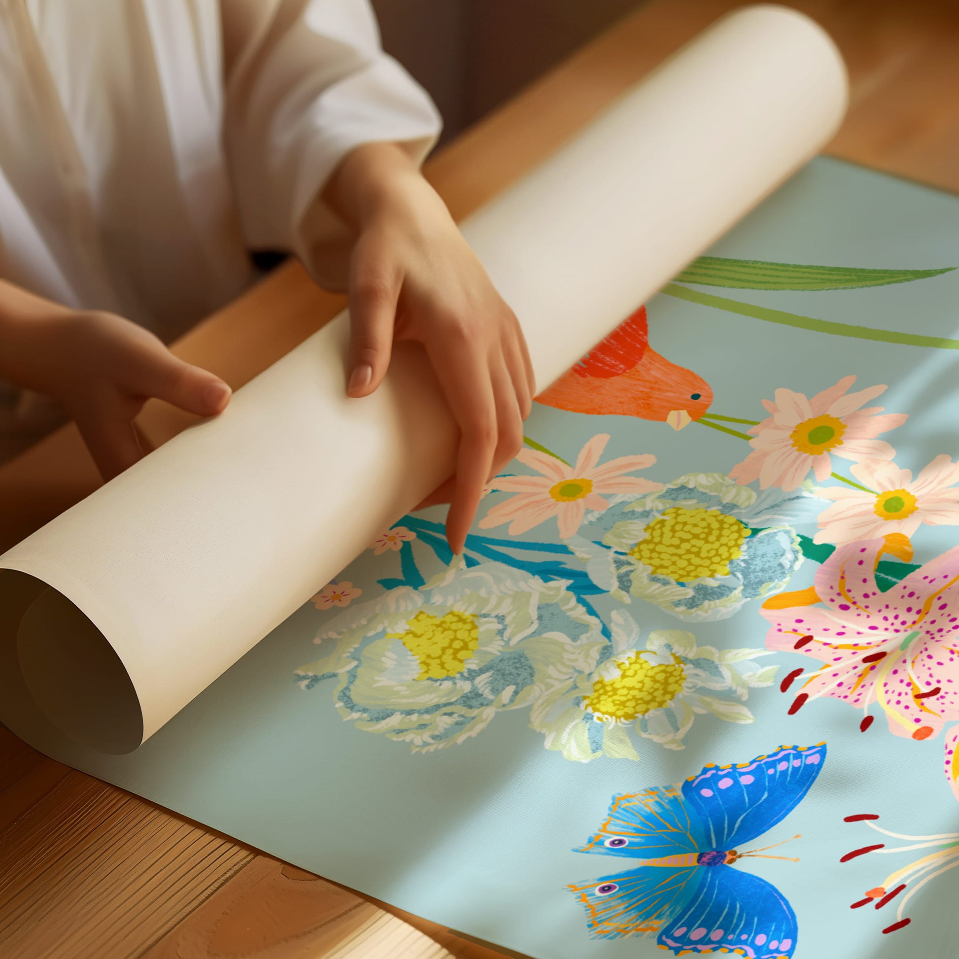 Spring botanical Giclée print featuring delicate flowers, a bird, and butterflies in vibrant seasonal colors.