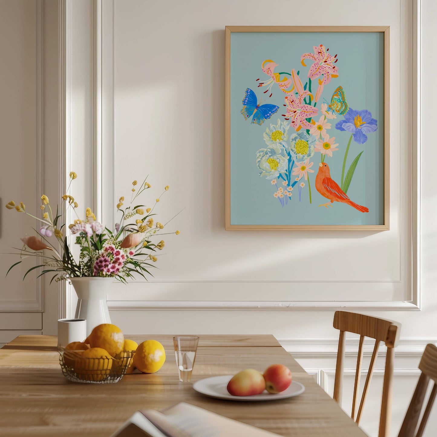 Spring botanical Giclée print featuring delicate flowers, a bird, and butterflies in vibrant seasonal colors.