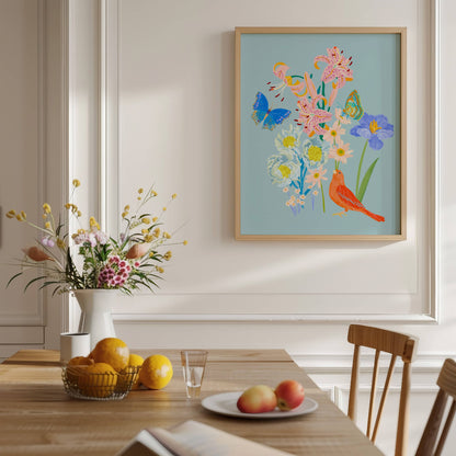Spring botanical Giclée print featuring delicate flowers, a bird, and butterflies in vibrant seasonal colors.