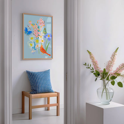 Spring botanical Giclée print featuring delicate flowers, a bird, and butterflies in vibrant seasonal colors.