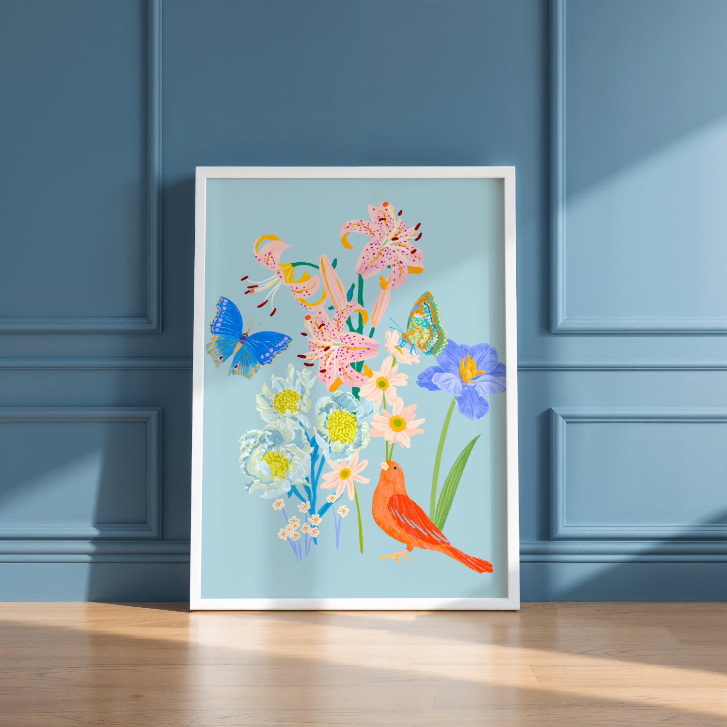 Spring botanical Giclée print featuring delicate flowers, a bird, and butterflies in vibrant seasonal colors.