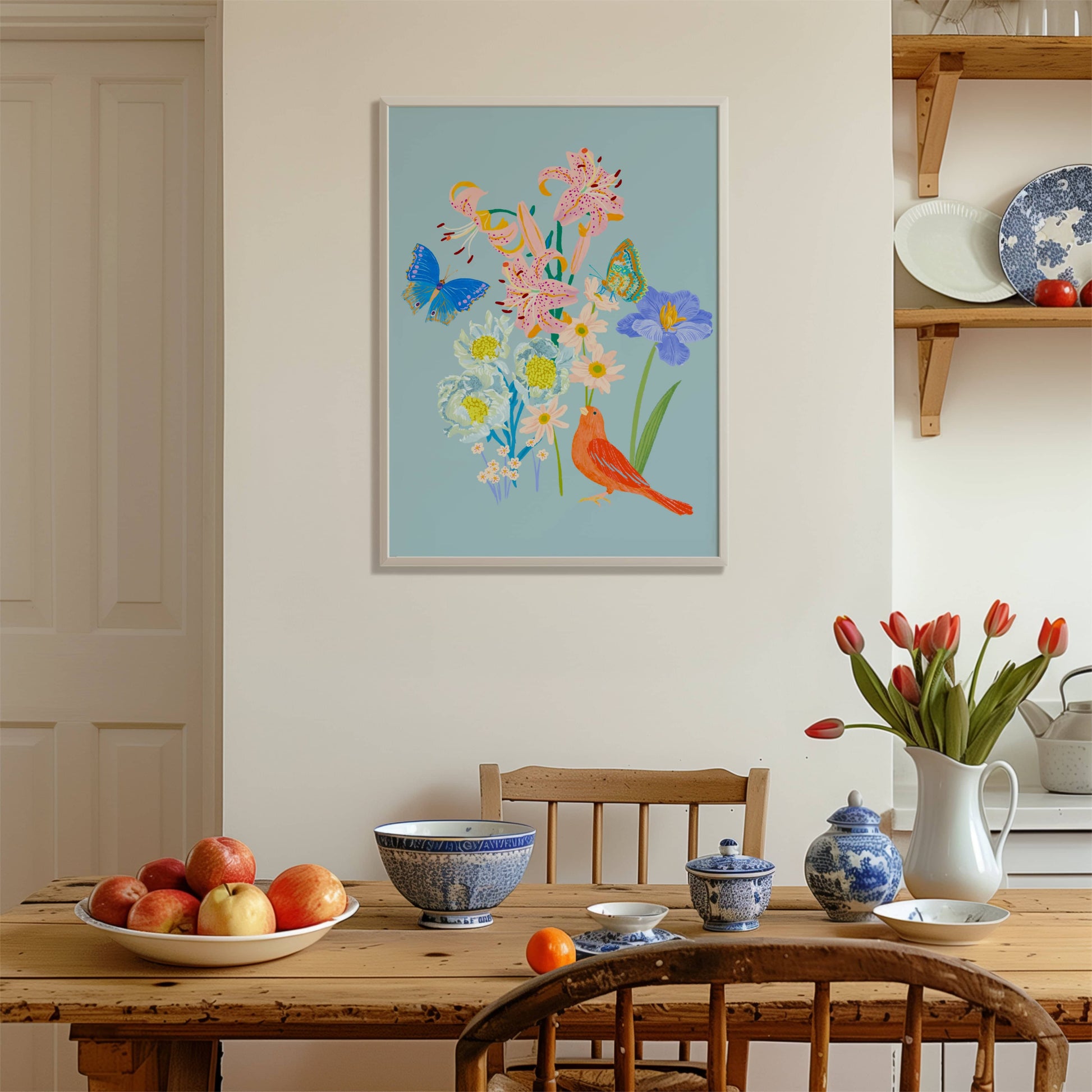 Spring botanical Giclée print featuring delicate flowers, a bird, and butterflies in vibrant seasonal colors.
