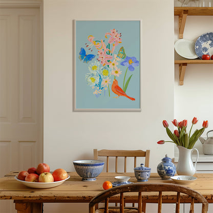 Spring botanical Giclée print featuring delicate flowers, a bird, and butterflies in vibrant seasonal colors.