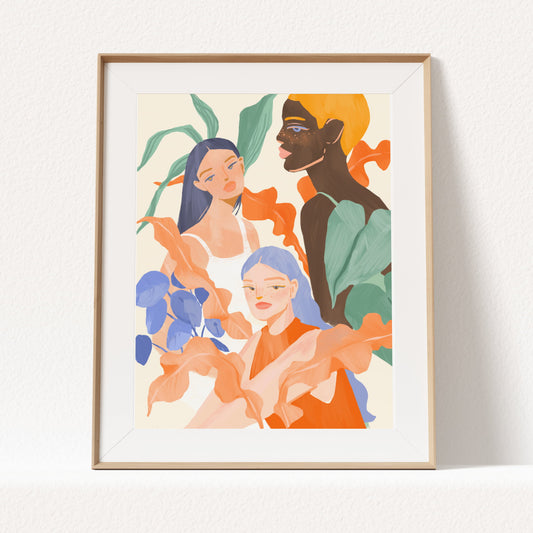 Whimsical art print of a woman surrounded by plants – dreamy and serene illustration perfect for adding a peaceful touch to any space