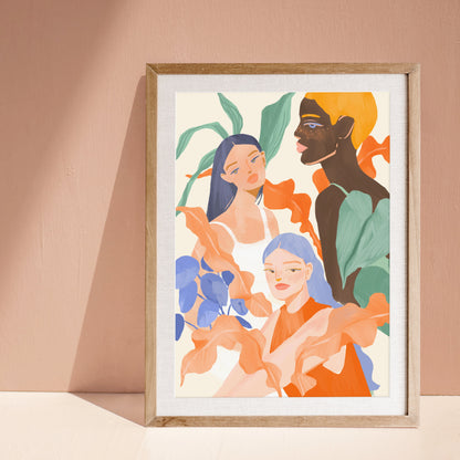 Whimsical giclee art print of women surrounded by plants 