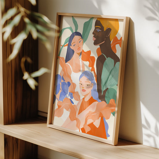 Whimsical art print of a woman surrounded by plants – dreamy and serene illustration perfect for adding a peaceful touch to any space