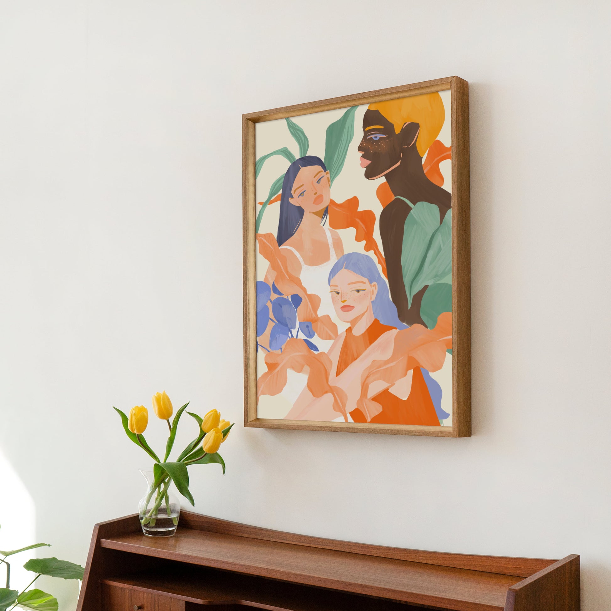 Whimsical giclee art print of women surrounded by plants 