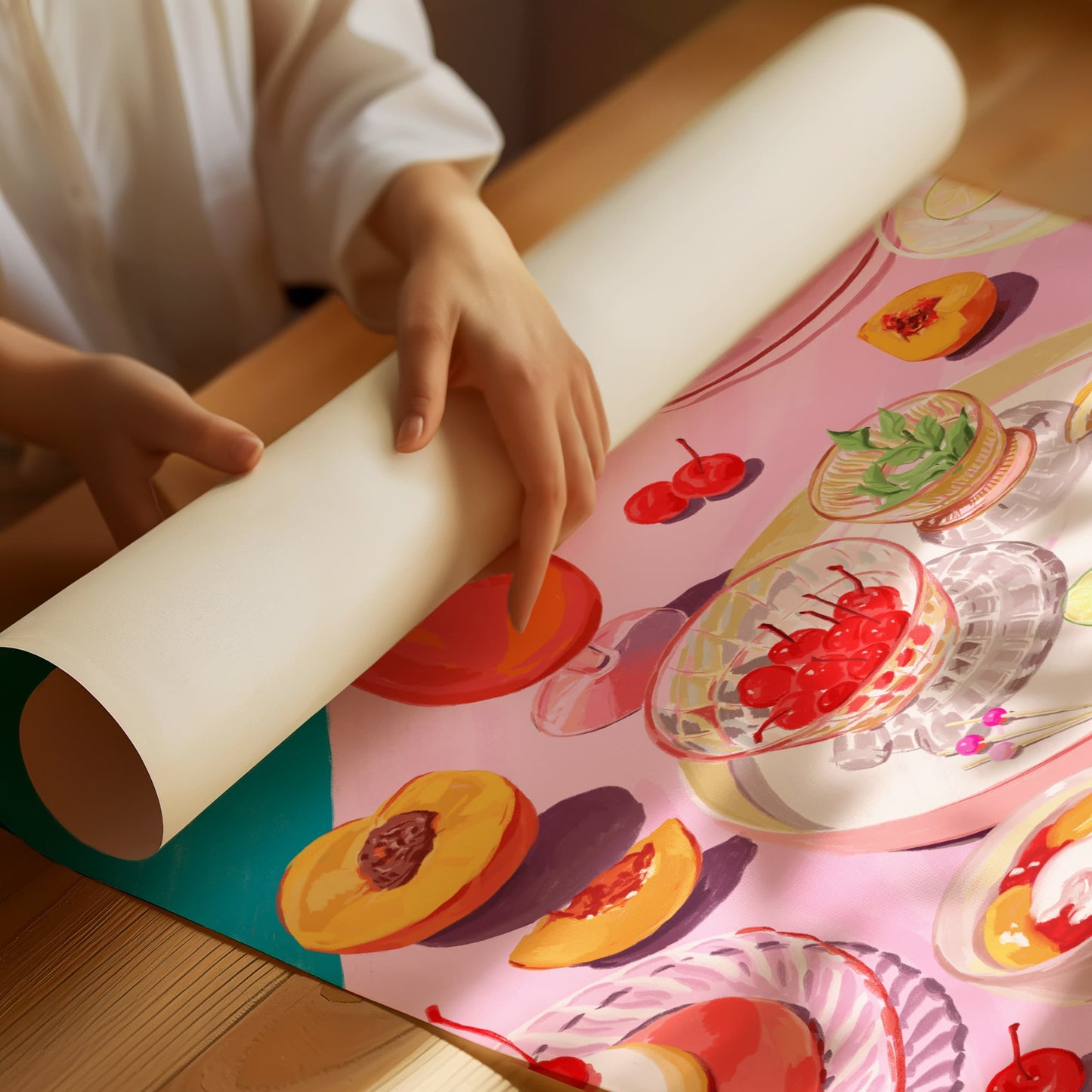Fun and colorful art print featuring cocktails, candies, and desserts in pink tones for a summer-inspired vibe.