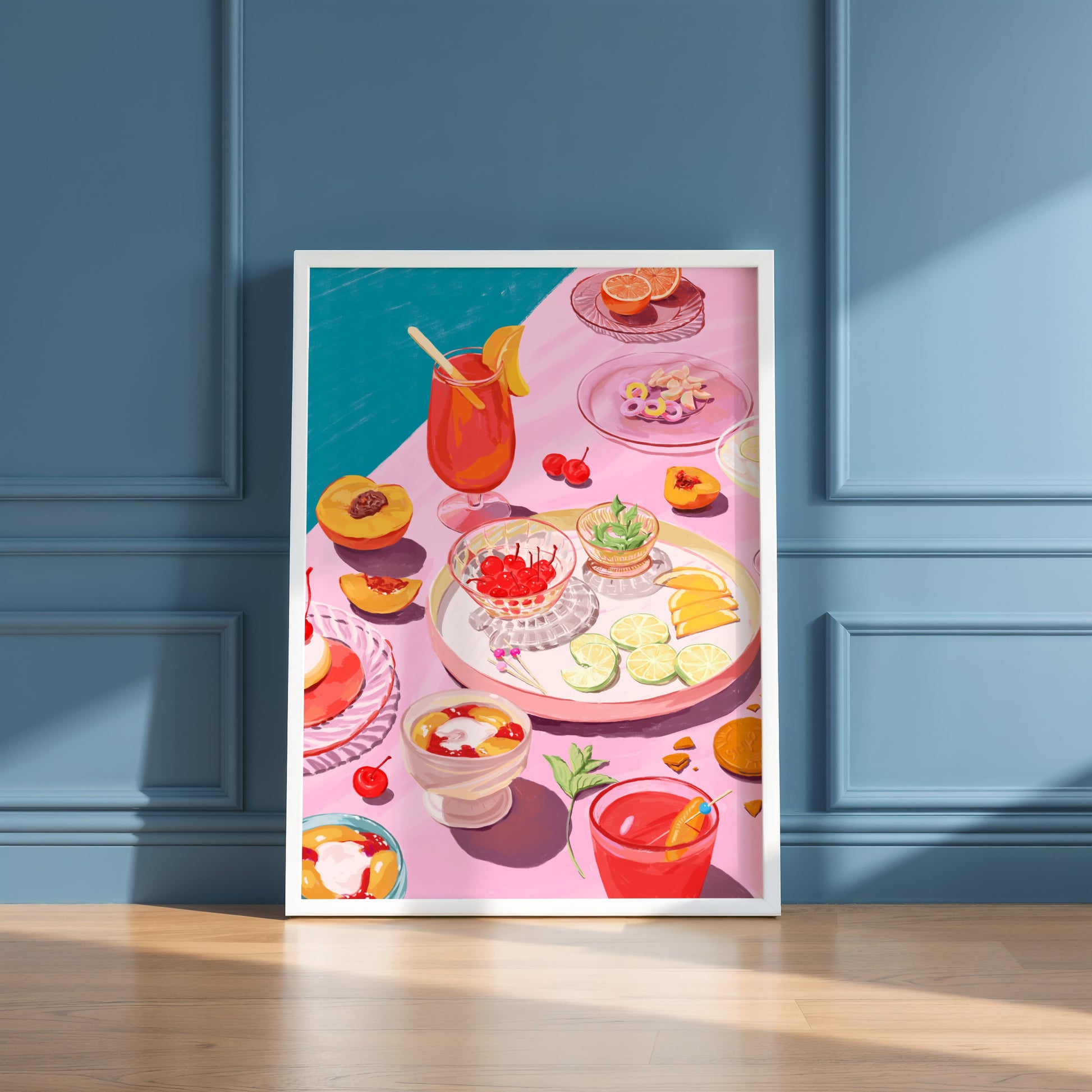 Whimsical summer wall art of candy, drinks, and desserts with bright colors and a poolside feel.
