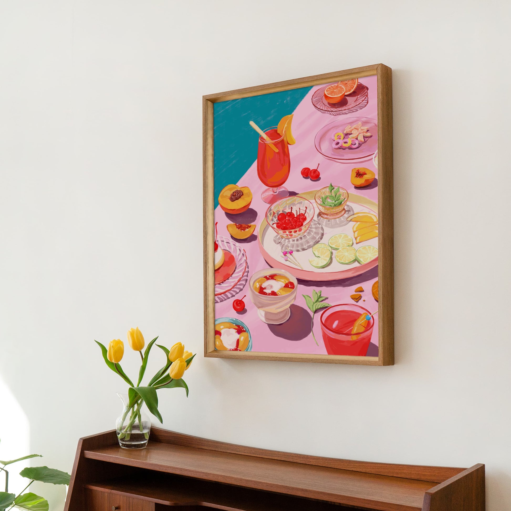 Fun and colorful art print featuring cocktails, candies, and desserts in pink tones for a summer-inspired vibe.