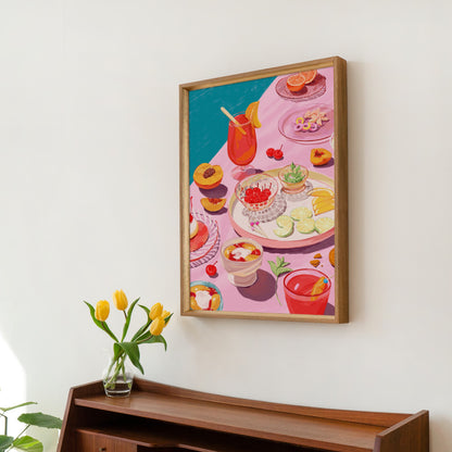 Fun and colorful art print featuring cocktails, candies, and desserts in pink tones for a summer-inspired vibe.