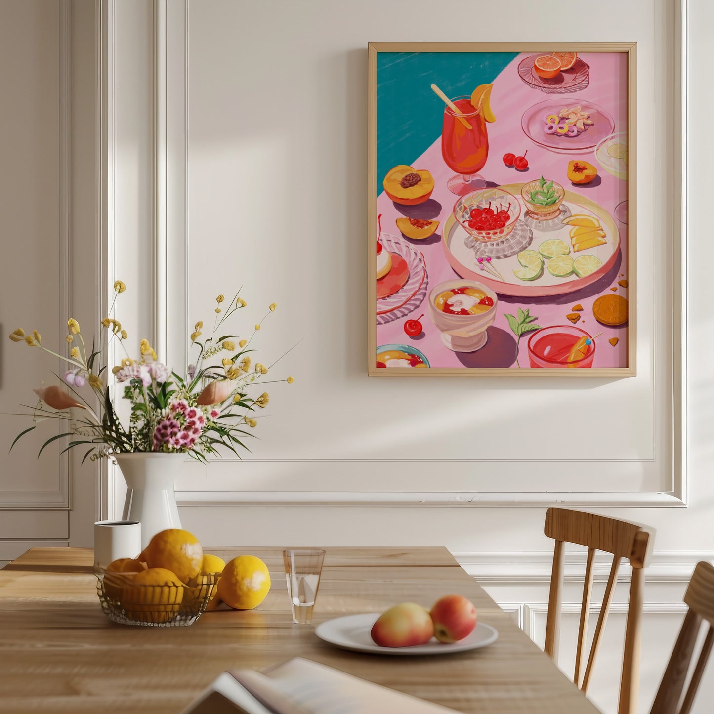 Fun and colorful art print featuring cocktails, candies, and desserts in pink tones for a summer-inspired vibe.