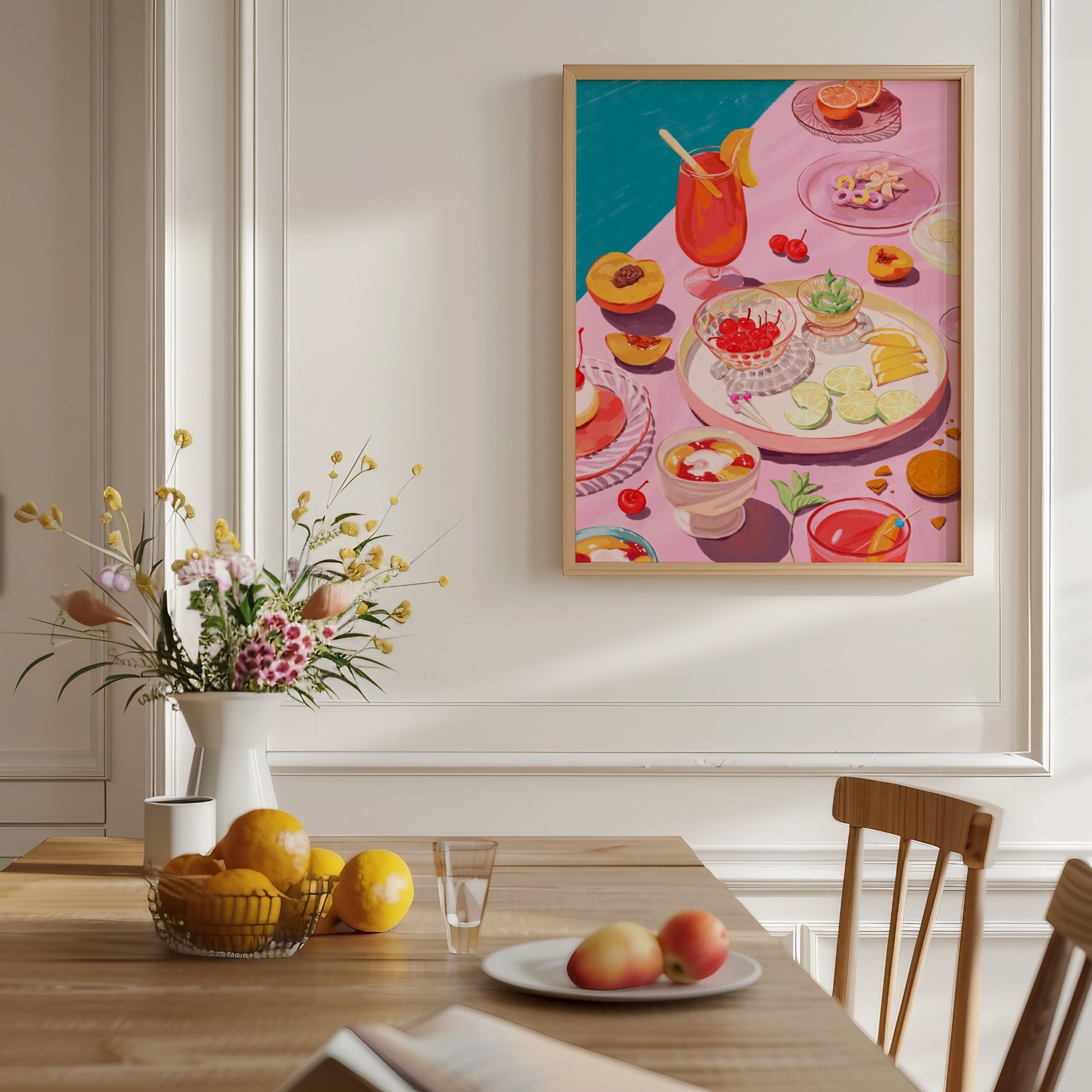 Fun and colorful art print featuring cocktails, candies, and desserts in pink tones for a summer-inspired vibe.