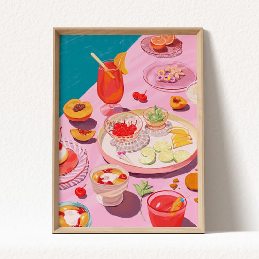 Fun and colorful art print featuring cocktails, candies, and desserts in pink tones for a summer-inspired vibe.