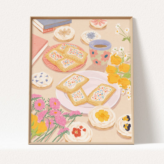 Soft illustration of a cozy table scene with books, flowers, cookies, and desserts topped with edible flowers – titled "Sweet Stillness"