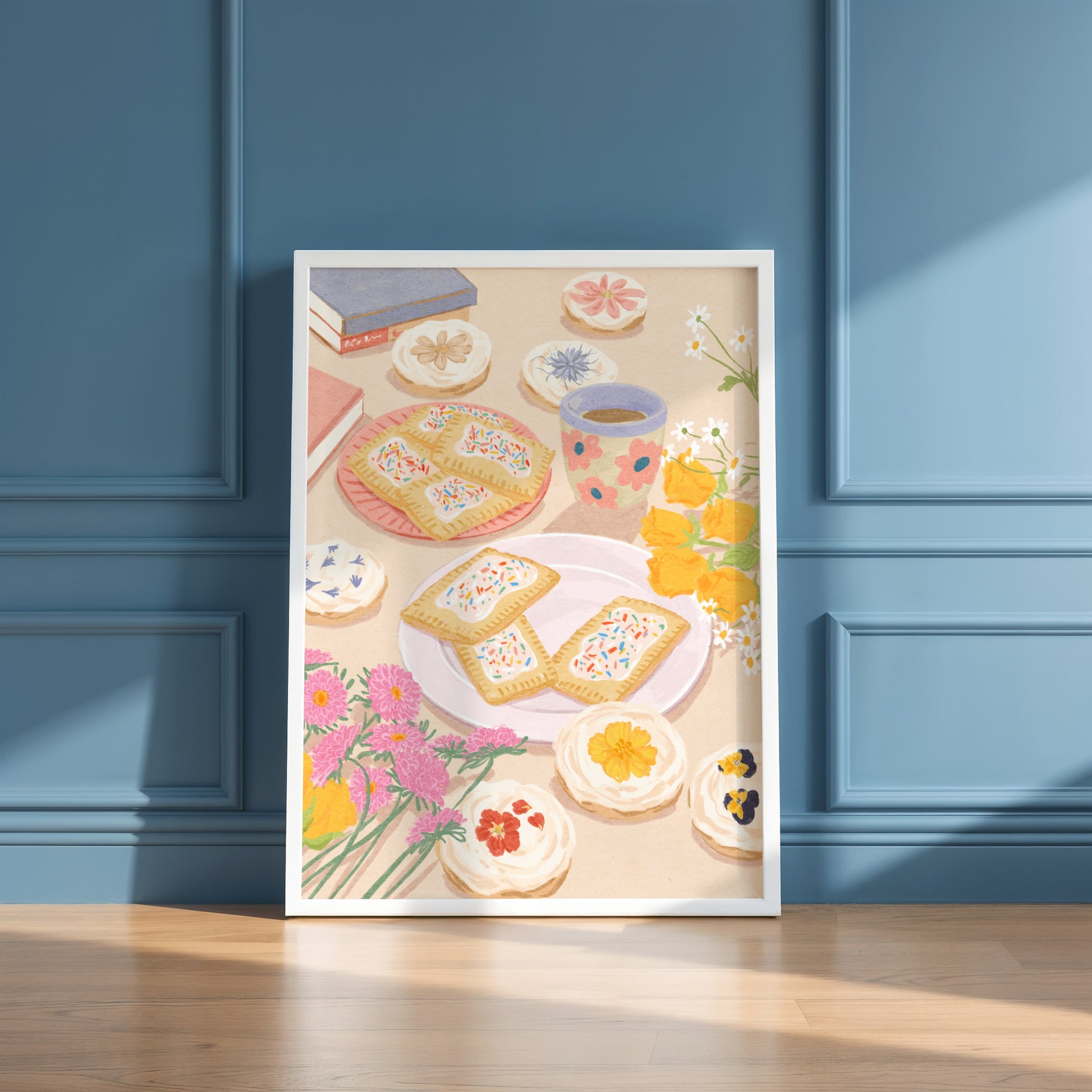 Soft illustration of a cozy table scene with books, flowers, cookies, and desserts topped with edible flowers – titled "Sweet Stillness"