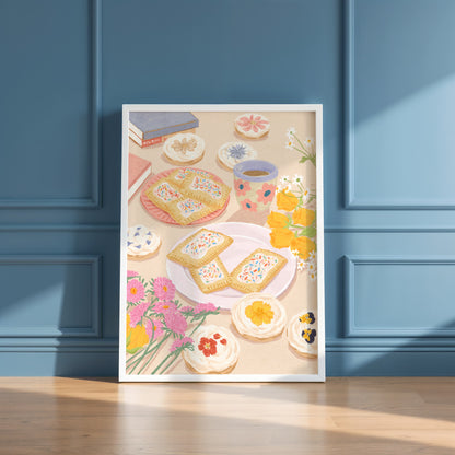 Soft illustration of a cozy table scene with books, flowers, cookies, and desserts topped with edible flowers – titled "Sweet Stillness"