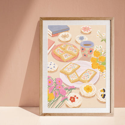 Soft illustration of a cozy table scene with books, flowers, cookies, and desserts topped with edible flowers – titled "Sweet Stillness"