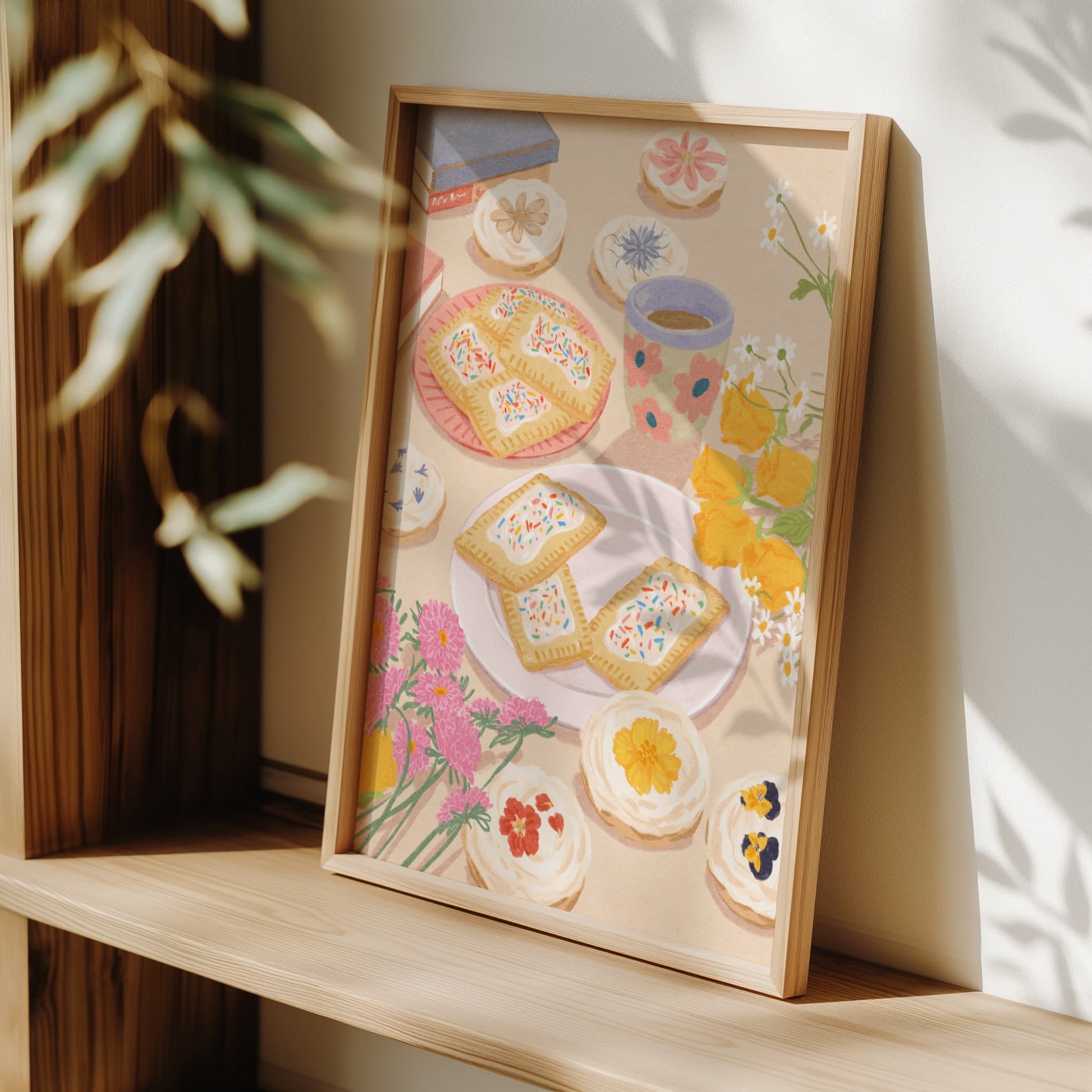 Soft illustration of a cozy table scene with books, flowers, cookies, and desserts topped with edible flowers – titled "Sweet Stillness"
