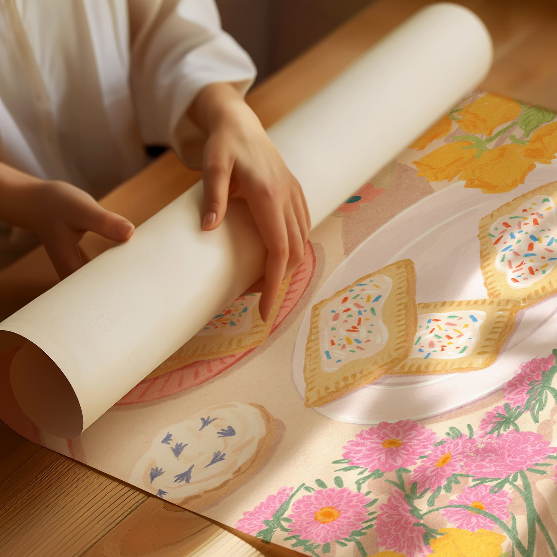 Soft illustration of a cozy table scene with books, flowers, cookies, and desserts topped with edible flowers – titled "Sweet Stillness"
