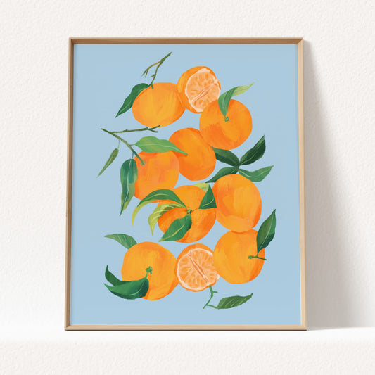 Illustration of tangerines, both whole and cut, perfect for kitchen or dining room decor.
