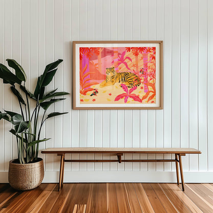 Illustration of a tiger and two mandarin ducks in a vibrant pink, red, and orange forest – bold and lively animal art print for modern home decor