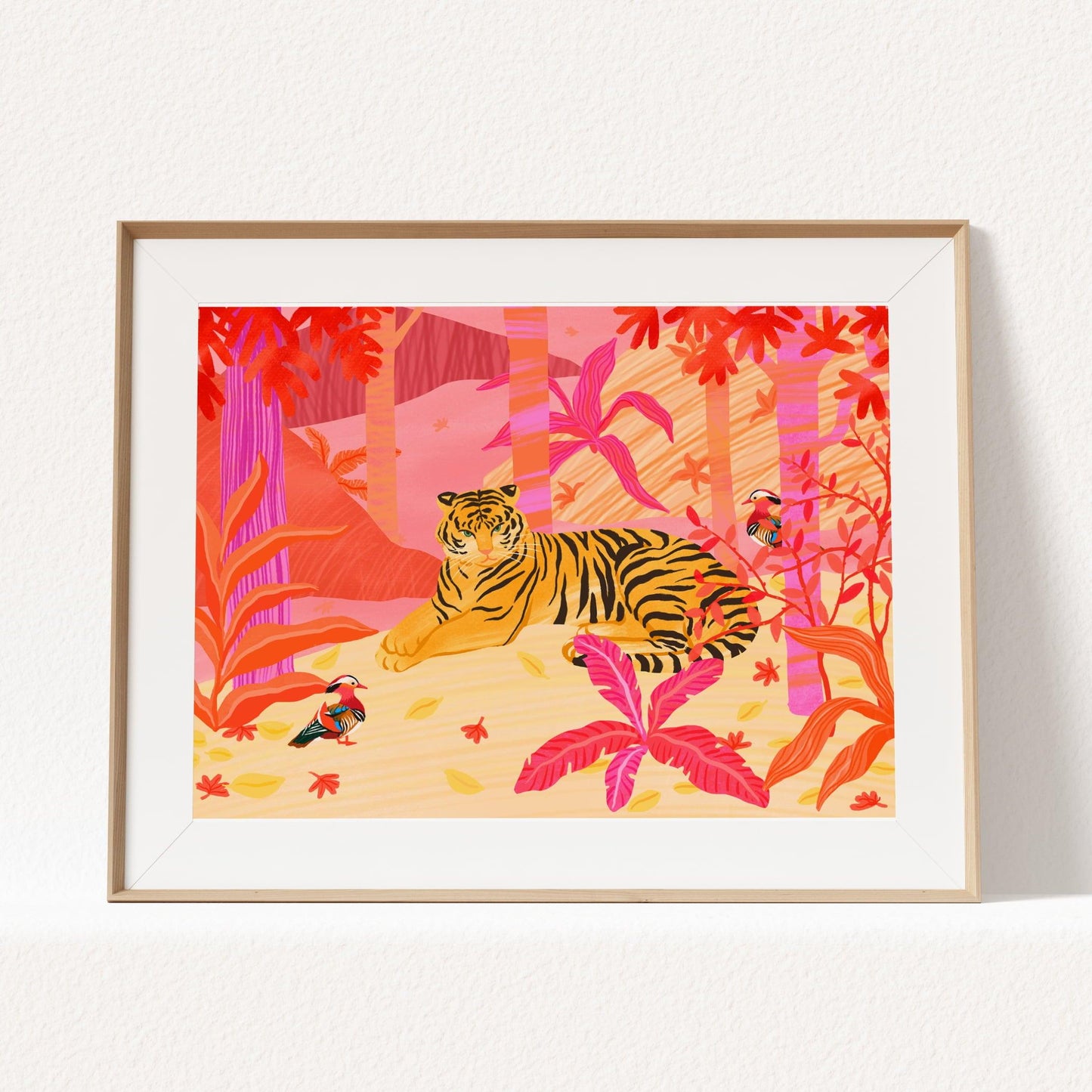 Illustration of a tiger and two mandarin ducks in a vibrant pink, red, and orange forest – bold and lively animal art print for modern home decor