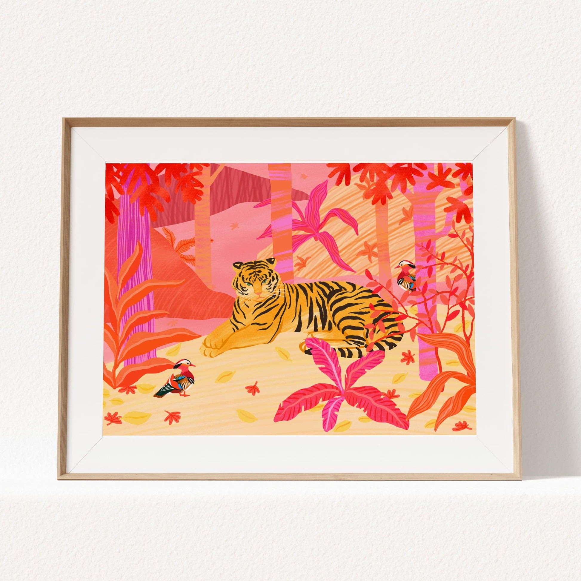 Illustration of a tiger and two mandarin ducks in a vibrant pink, red, and orange forest – bold and lively animal art print for modern home decor