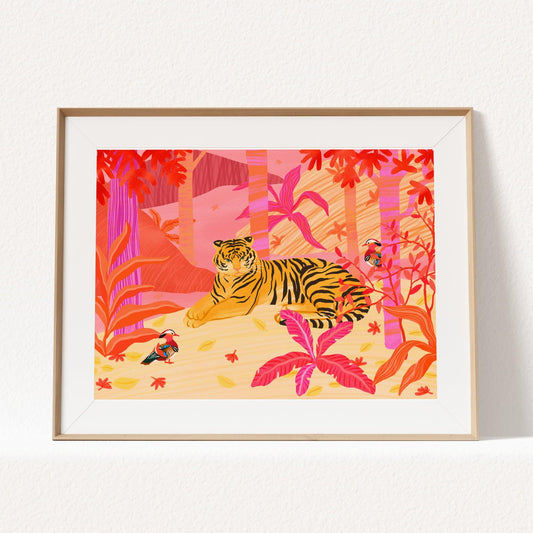 Illustration of a tiger and two mandarin ducks in a vibrant pink, red, and orange forest – bold and lively animal art print for modern home decor