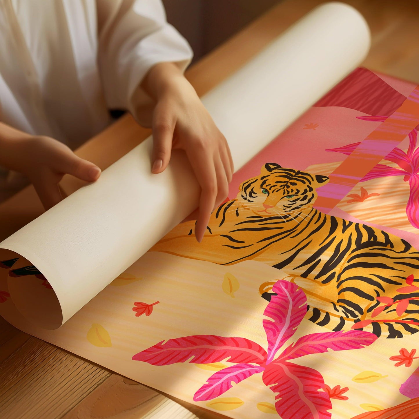 Illustration of a tiger and two mandarin ducks in a vibrant pink, red, and orange forest – bold and lively animal art print for modern home decor