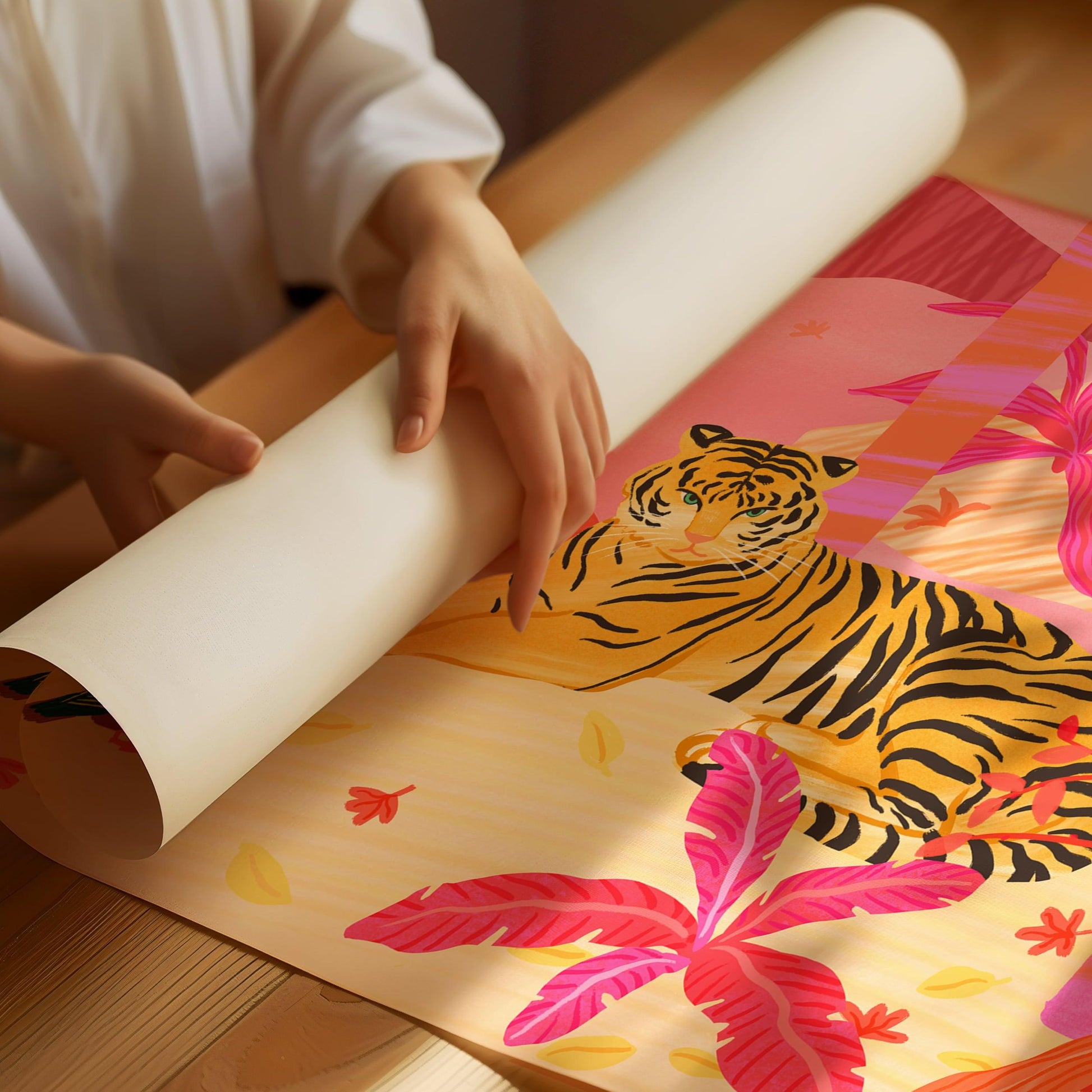 Illustration of a tiger and two mandarin ducks in a vibrant pink, red, and orange forest – bold and lively animal art print for modern home decor