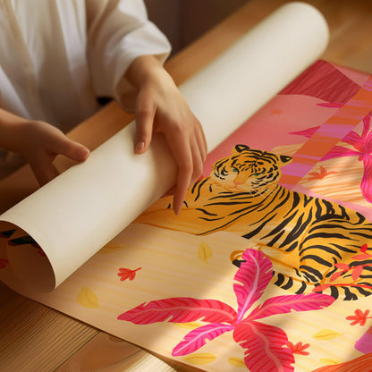 Illustration of a tiger and two mandarin ducks in a vibrant pink, red, and orange forest – bold and lively animal art print for modern home decor