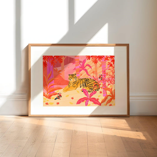 Illustration of a tiger and two mandarin ducks in a vibrant pink, red, and orange forest – bold and lively animal art print for modern home decor
