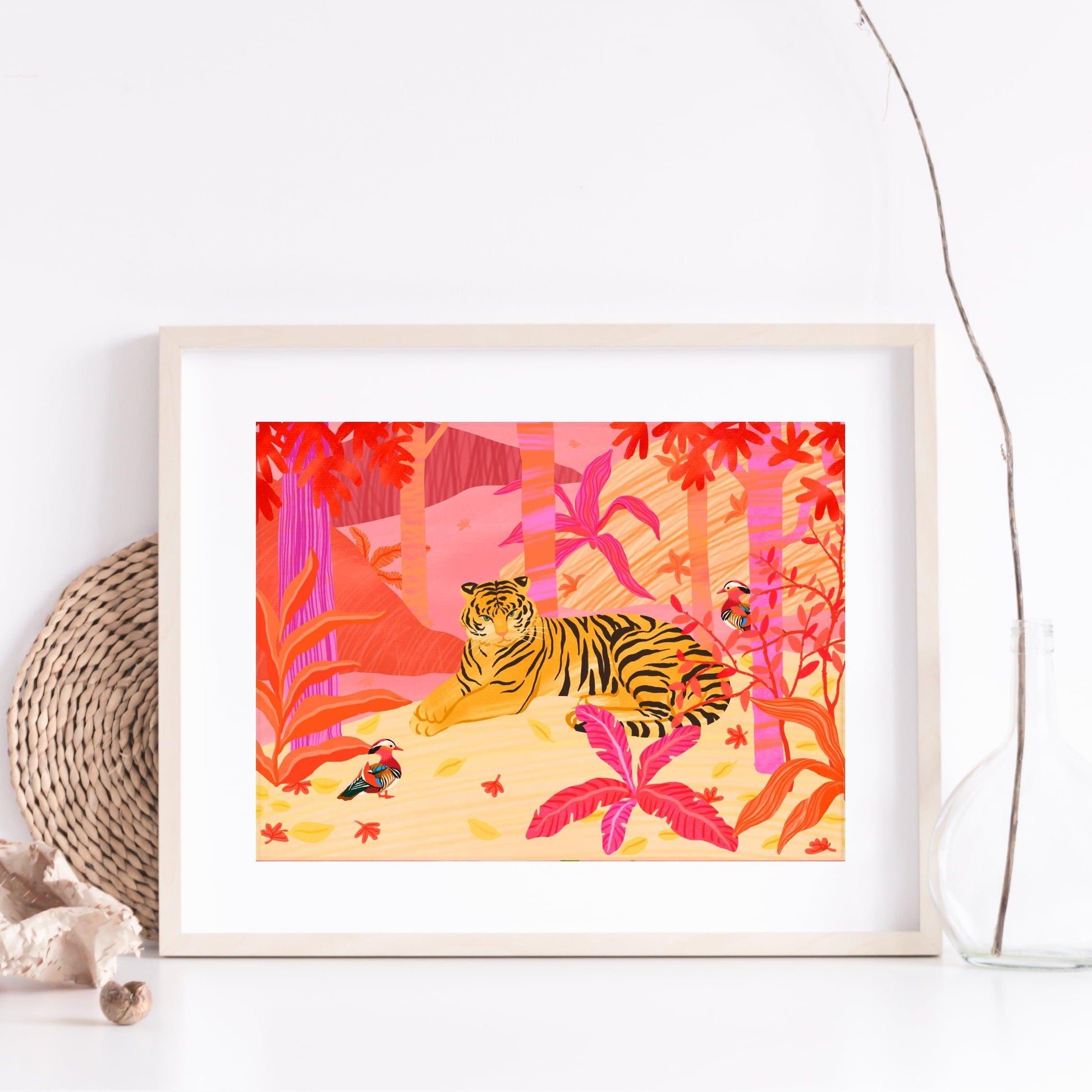 Illustration of a tiger and two mandarin ducks in a vibrant pink, red, and orange forest – bold and lively animal art print for modern home decor