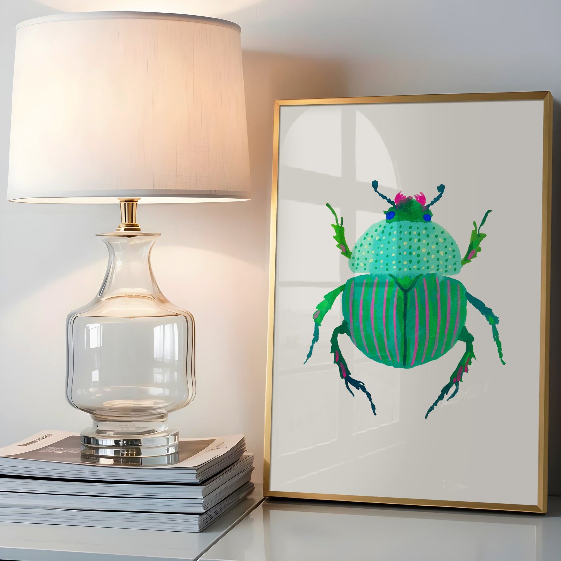 Whimsical turquoise beetle illustration with pink stripes and spots, hand-painted in gouache. A cheerful and imaginative take on nature’s tiny creatures.