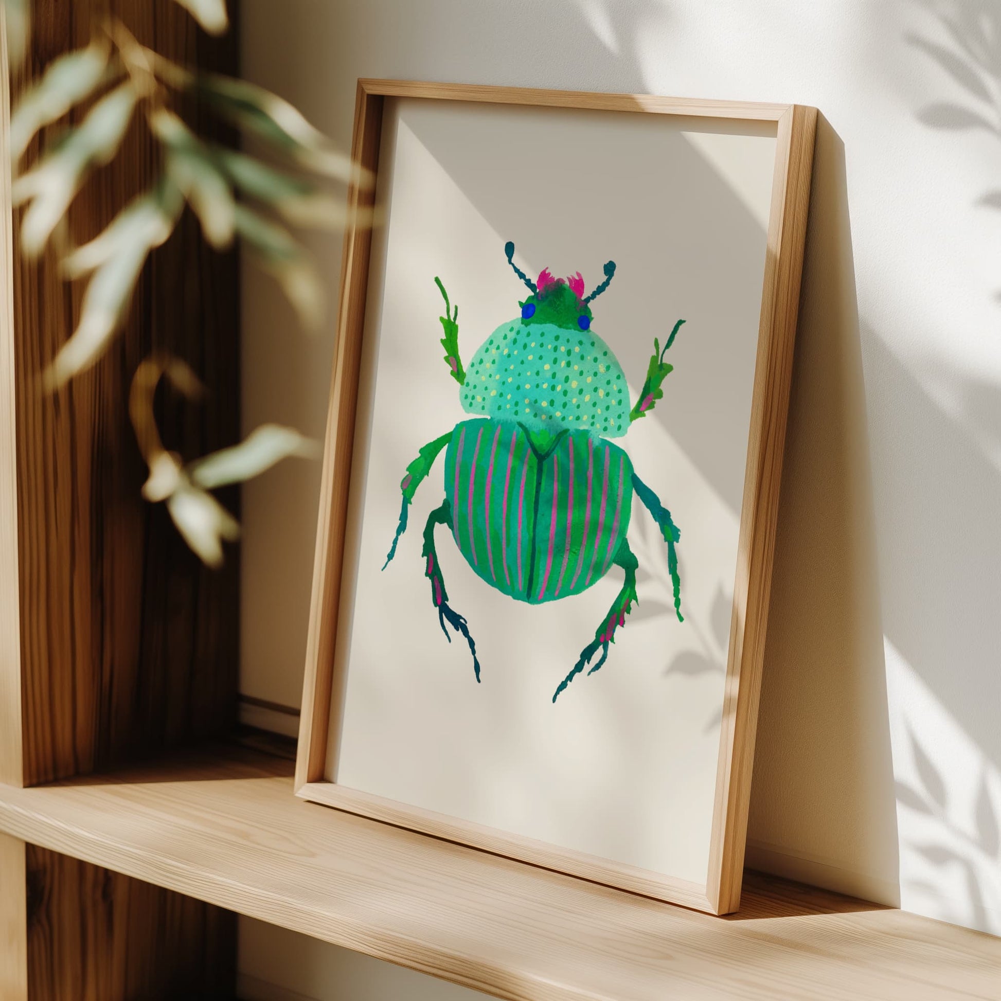 Cute turquoise and pink beetle art print, gouache on paper. Realistic beetle form with a colorful, stylized twist.